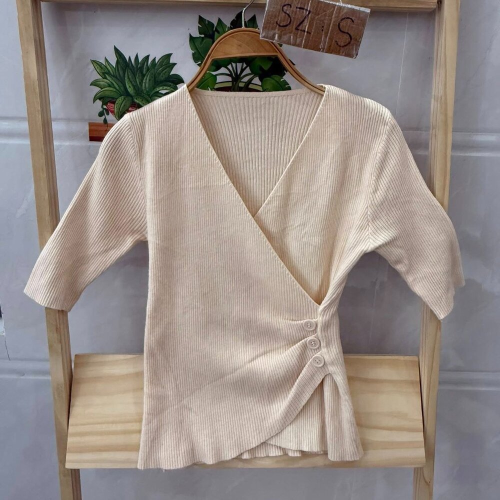 Cream Ribbed Wrap V-Neck Side Button Soft Top